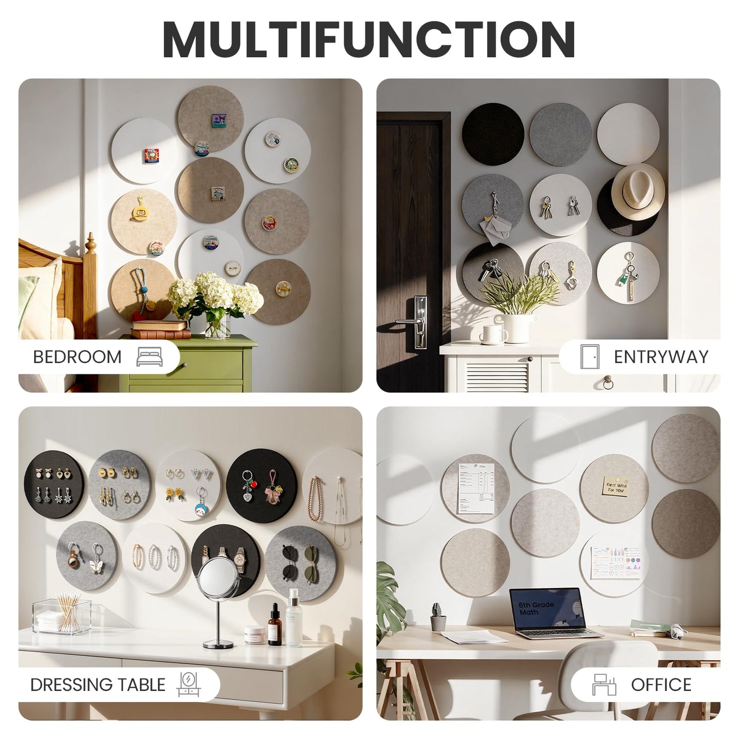 Bulletin Board, 11.8'' X 11.8'' Cork Board Alternative, 9 Pack Round Felt Board with Pushpins, Decorative Felt Notice Vision Board Photo Display Board for Office Home School Wall