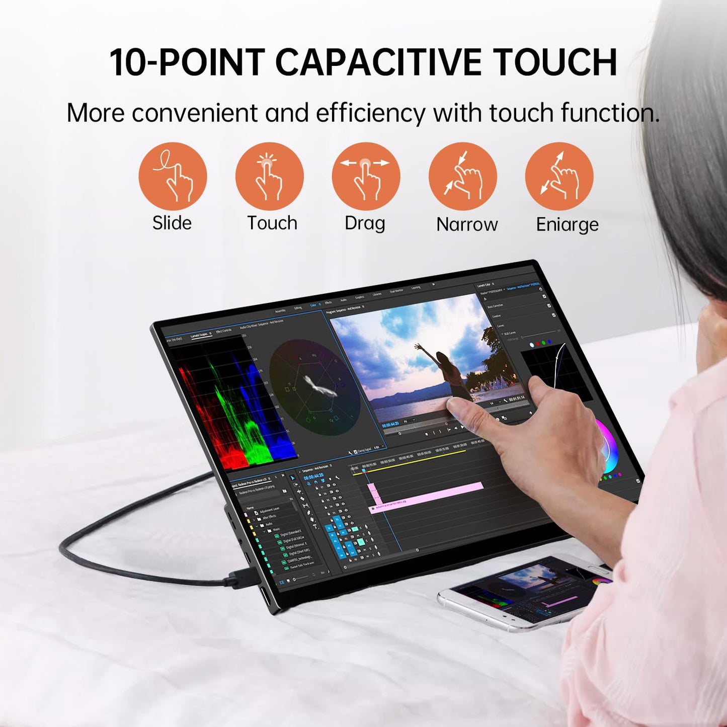 VOKENSU Portable Monitor Touchscreen,18.5'' FHD IPS Touch Screen Monitor, Travel Monitors w/Kickstand & Speaker, HDMI USB C External Screen for Laptop PC 10-Point Touch for Windows devs