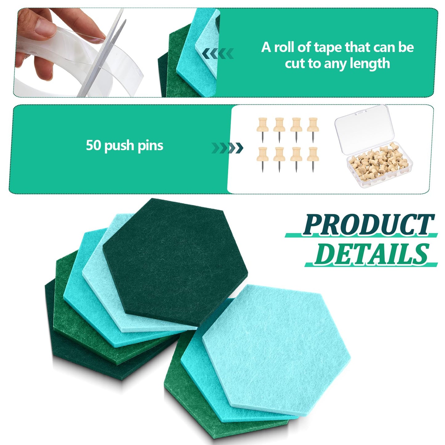 Mindsoft 16 Pcs Hexagon Cork Board for Walls with 50 Wooden Push Pins 6.7 x 5.9 in Felt DIY Tiles Notice with Nano Tape Hanging Bulletin Board for Home Photo Office Memo Note(Turquoise)