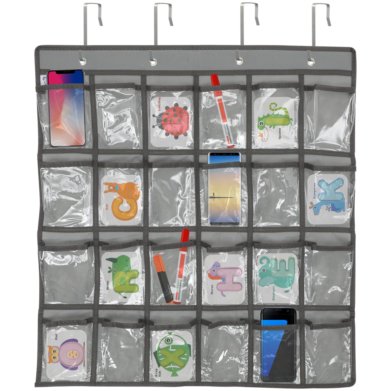 DOITOOL 24 Clear Pockets Classroom Pocket Chart for Cell Phones, Over the Door Hanging Organizer, Transparent Cell Phone Holder Organizer for Classroom, Calculator Pouch, Wall Jewelry Storage