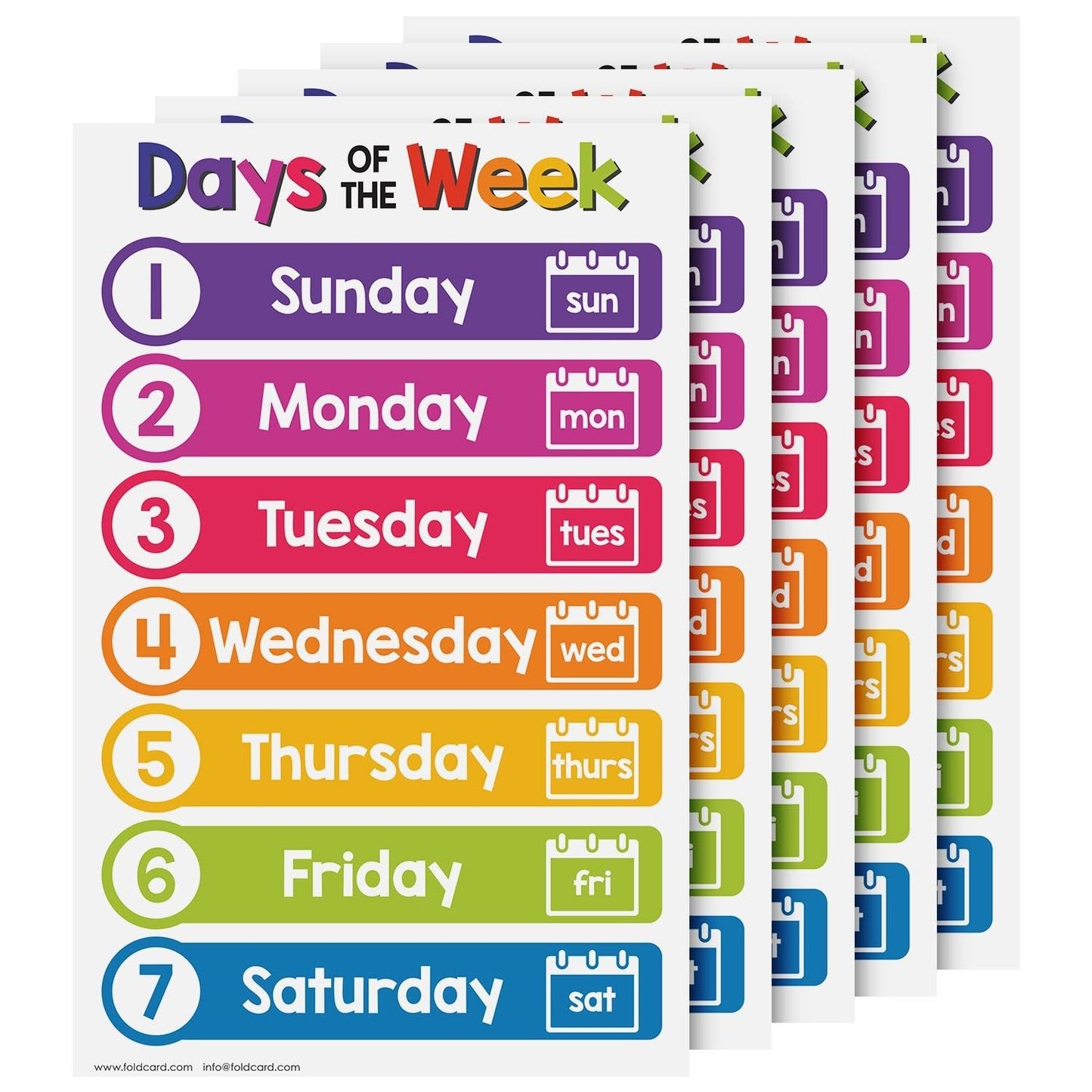 Days of the Week Educational Charts for Preschool to Gradeschool – Bright Colorful Visual/Learning Aid Poster for Classroom or Home | Printed on Glossy Durable Cardstock | 11" x 17" | 5 per Pack