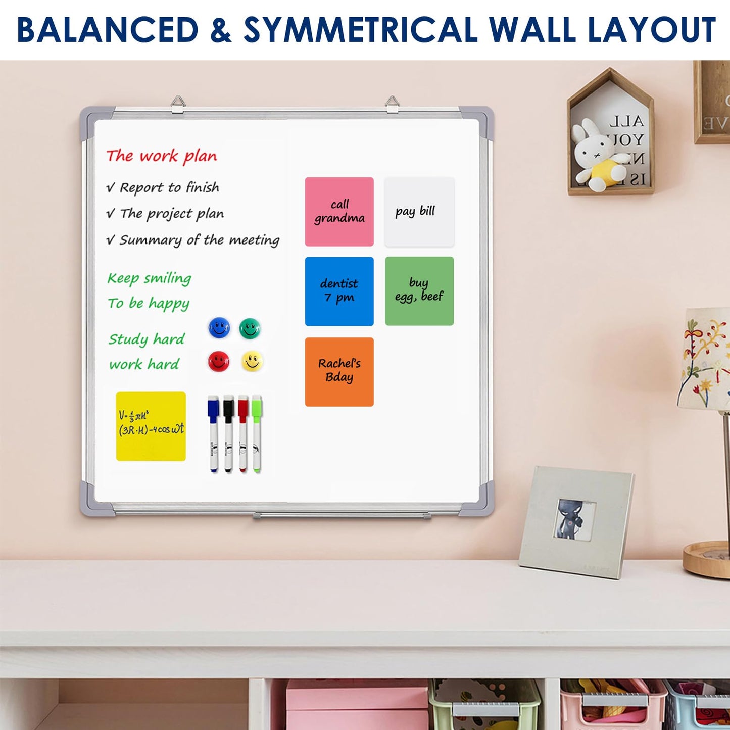Whiteboard Set - Dry Erase Board 24 x 24 in with 1 Magnetic Eraser, 4 Dry Wipe Markers, 4 Magnets and 6 Magnetic Labels - Wall Hanging Reminder Kanban White Board for Home and Office (24x24 inch)