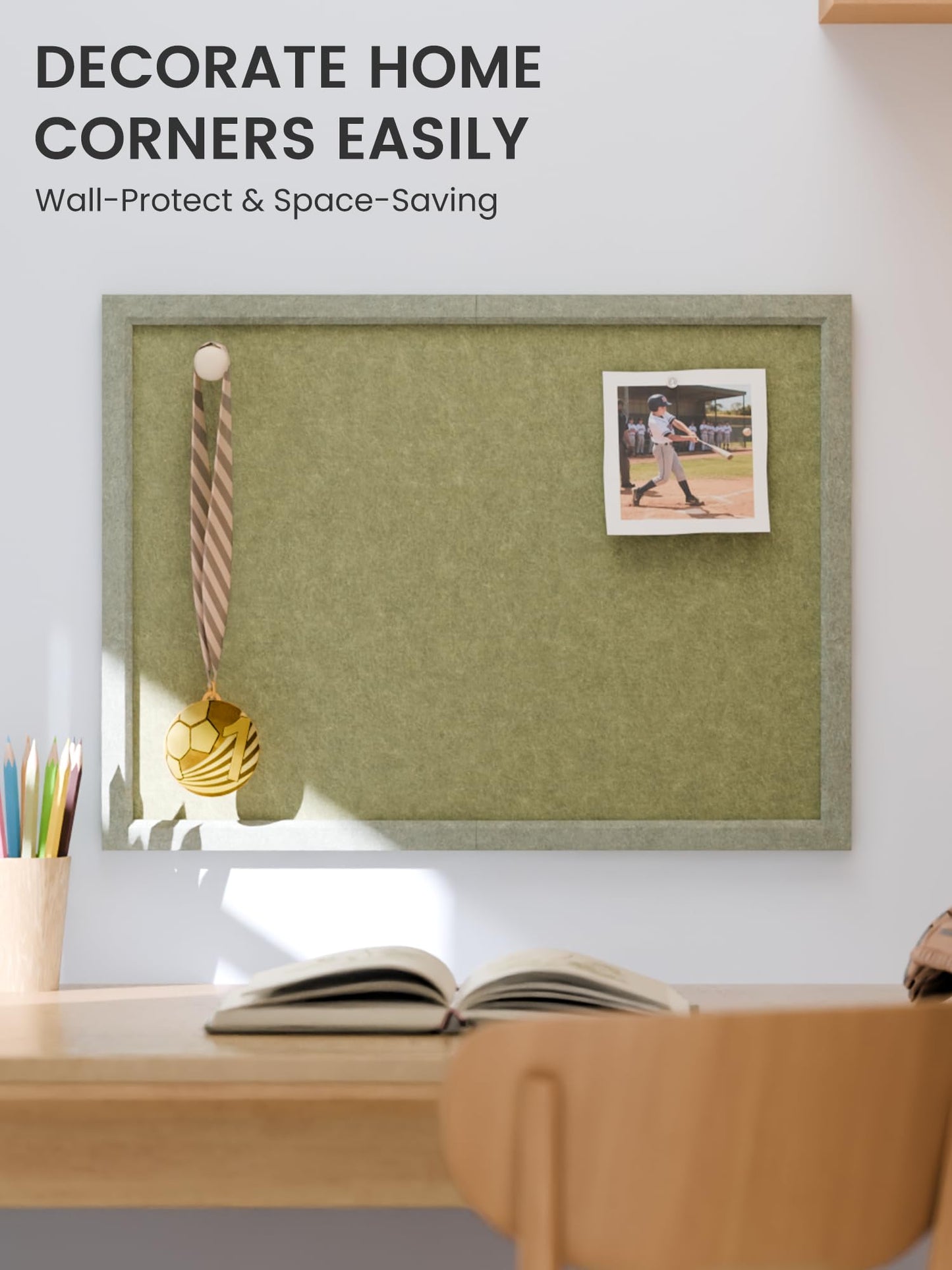 Fluxynara Foldable Cork Board Alternative, Felt Bulletin Board 23.6" x 17.5" Sage Frame with 12 Adhesive Tabs, Pin Board for Home Office, Classroom, Entryway, Kitchen Wall Decor—Olive Green