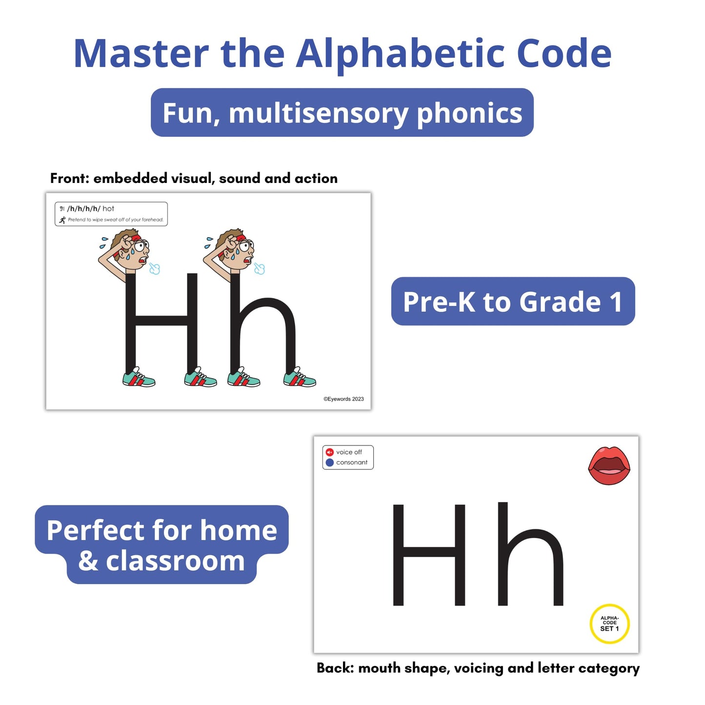 Eyewords Alpha-Code Set 1 Phonics Cards, 43 Dual-Sided 4x6, K-3 Classroom & Home, Letters & Sounds, RTI/MTSS & ELL, Picture & Mouth Cues, Digraphs, 10 Activities, Teacher/Parent Friendly, Model EW-31