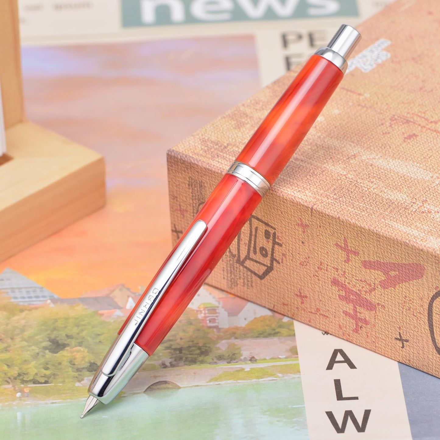 Jinhao 10 Press Fountain Pen with Box, Volcanic Red Retractable Extra Fine Nib with Ink Converter Set (Silver Clip)