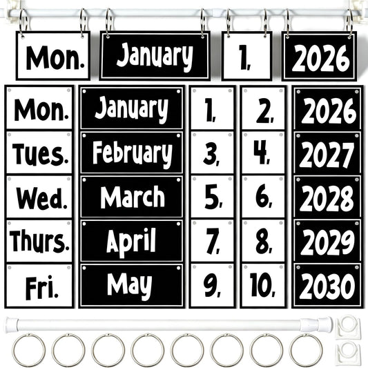 Black White Flip Calendar Bulletin Board Set Black Calendar for Classroom Whiteboard Decor with 2026 to 2030 Years Date Cards and Adjustable Rod for Home Elementary Back to School Teacher Supplies