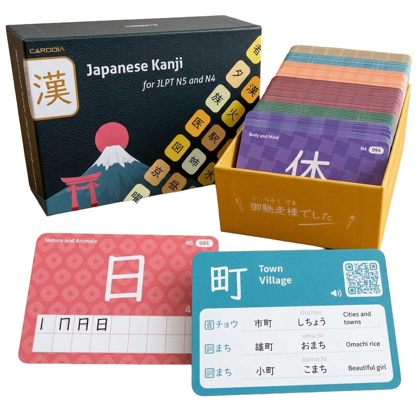 CARDDIA | Japanese Kanji Flashcards for JLPT N5 & N4 | 600 Onyomi & Kunyomi Words | Audio Pronunciation | Study Aid for Japanese Learners & Travelers