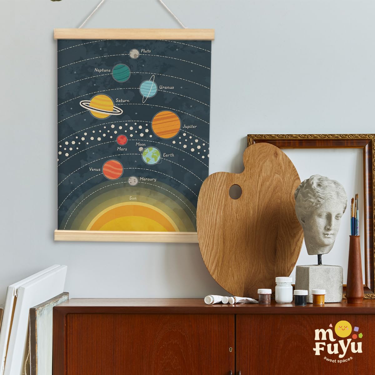 MOFUYU Kids Room Decor,Space Nursery Wall Decor Canvas Hanging Banner,Solar System,Educational Poster Hanger Frame for Classroom Nursery Playroom Kids Girl Boy Teen Bedroom 12x16 Inch