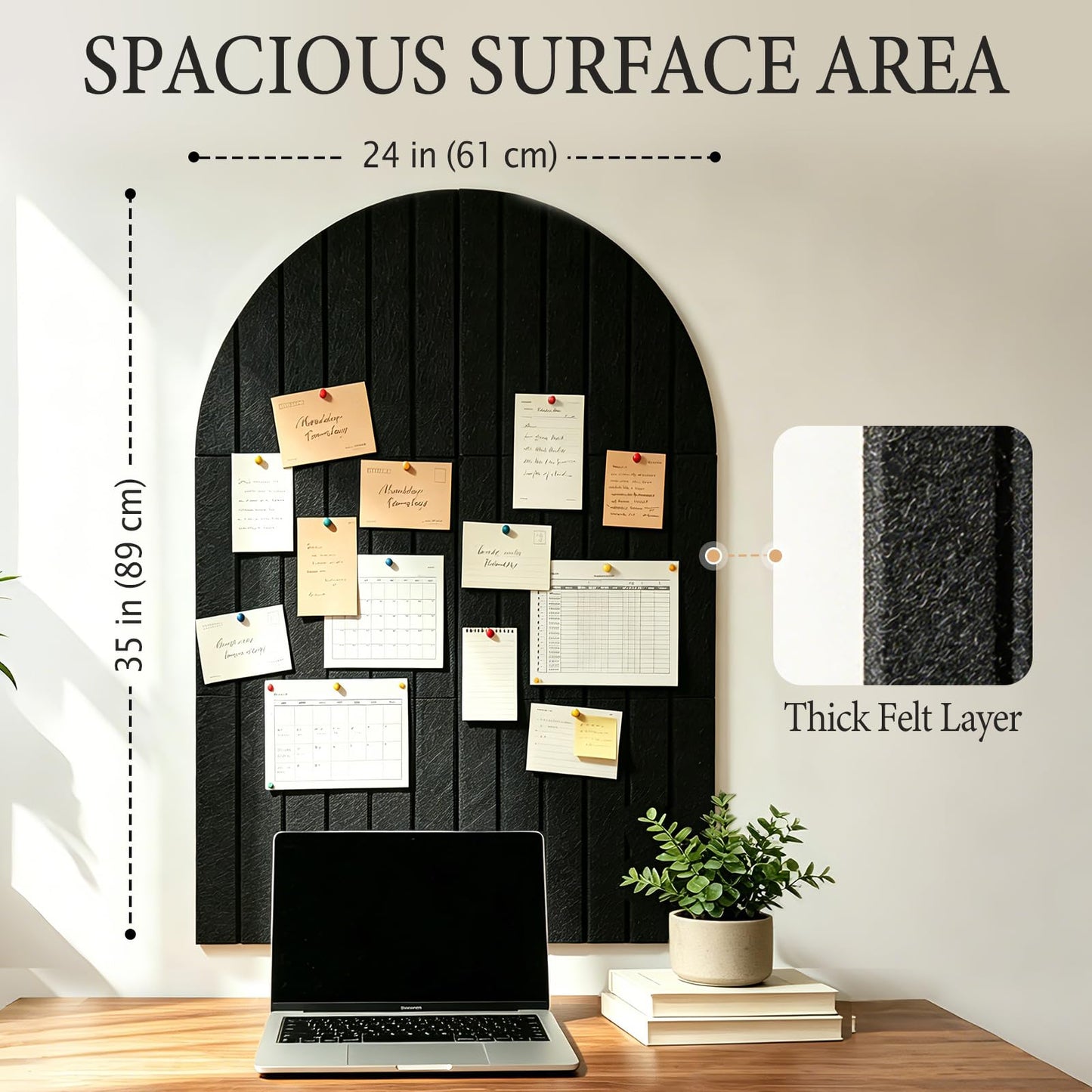Large Arched Felt Bulletin Board for Wall, 35" x 24" Felt Cork Board Alternative with 6 Adhesive Felt Wall Tiles & Pins, Decorative Pin Board for Photos, Notes, Office, Bedroom Wall Decor