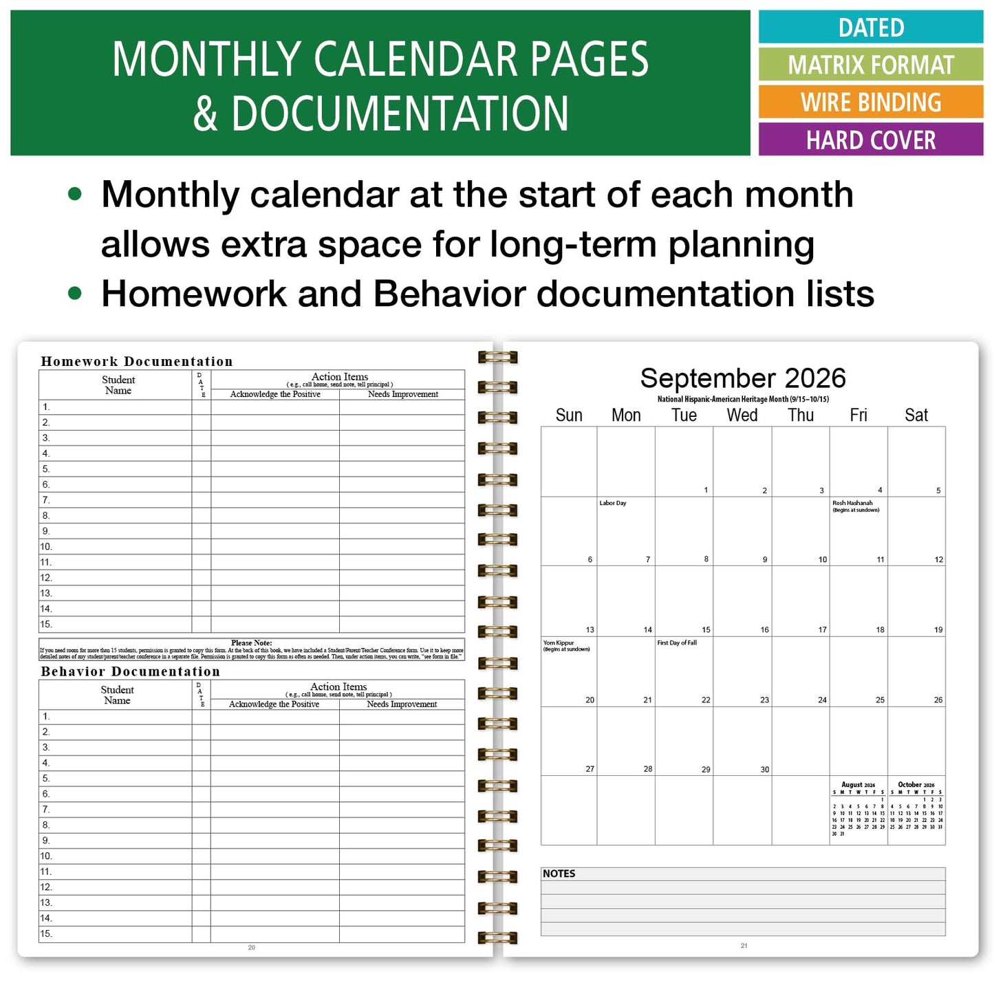 Elan Publishing Company HARDCOVER 7 Period Dated Teacher Lesson Plan; Days Horizontally Across The Top Dated for 2026-2027 Academic Year with Bonus Clip-in Bookmark (Teal Floral)