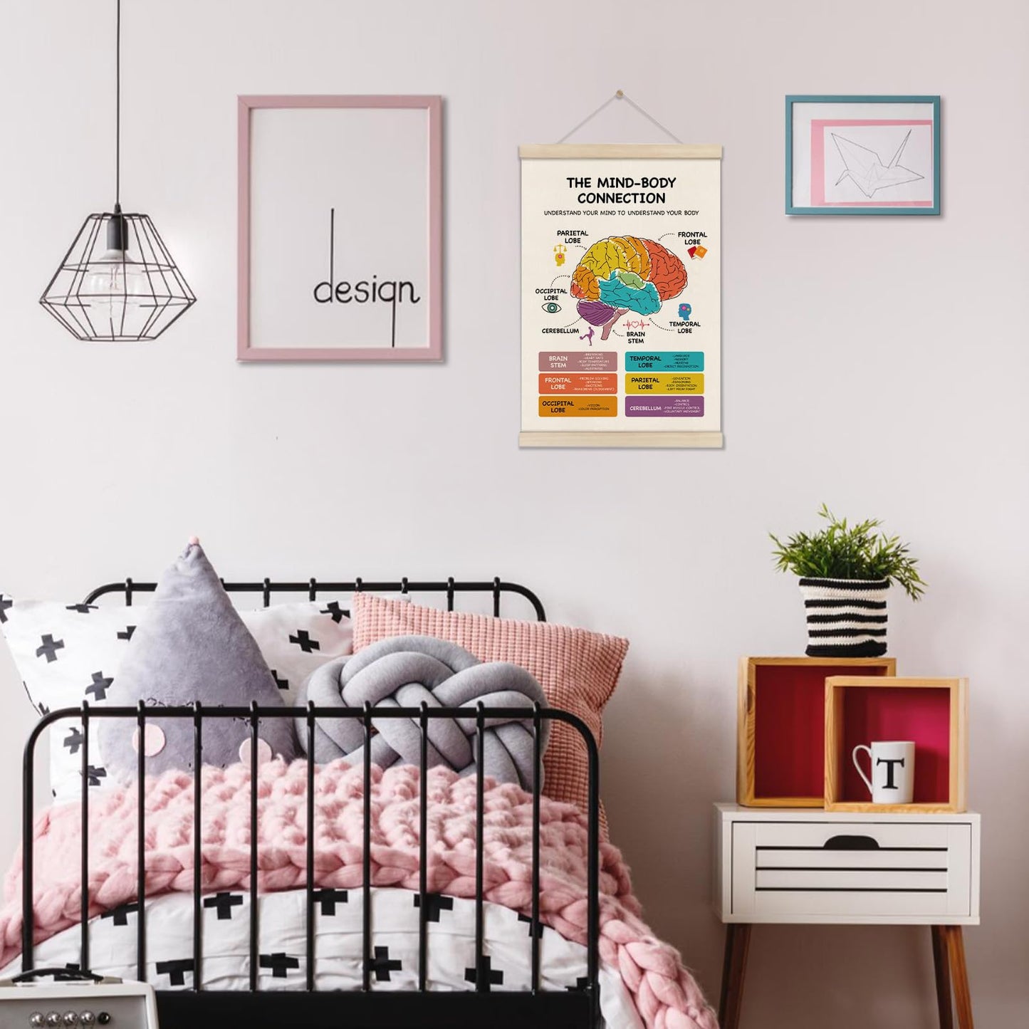 Mental Health Poster Hanger Frame, Brain Anatomy Posters, Therapy Office Decor, School Counselor Office Decor, Mind Body Connection Artwork for School 16x12 Inch, Stress Management Canvas Wall Art