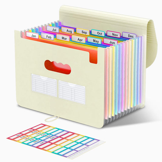 ThinkTex Accordion File Organizer, 12 - Pocket Expanding File Folders for Paper Receipts, Bills&Taxes Organizer, Letter/A4 Size Document Holder for School, Office, Home with tabs-Beige Color