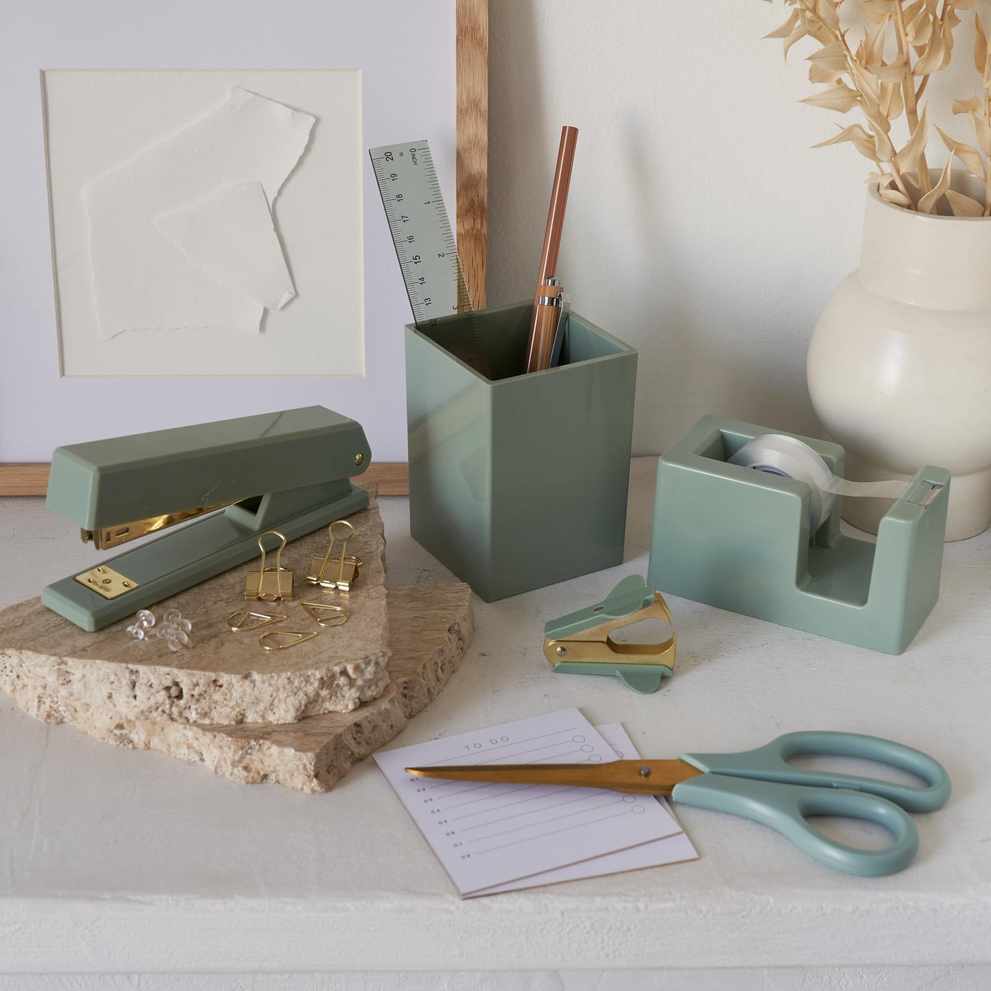 Aesthetic Desk Accessories Set - A Complete Desktop Organizer Set For Women Enhances Any Office Decor - An Office Supplies Kit w Gold Finish incl. Pen Holder, Scissors, Stapler, Tape Dispenser & More