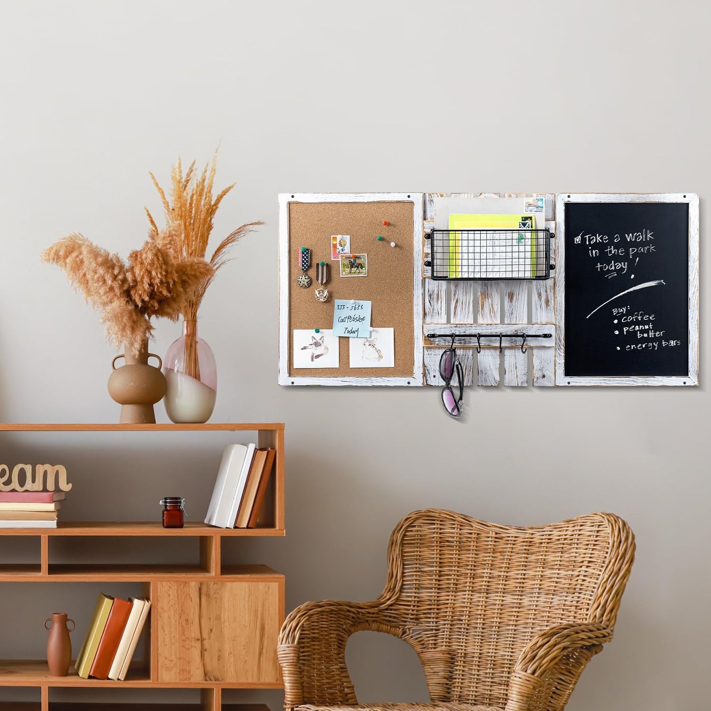 MyGift 3 Panel Wall Mounted Entryway Bulletin Board Combo Set with Shabby White Washed Solid Wood Frame, Chalkboard, Cork Board, Black Metal Mail Basket, and Hanging Rail
