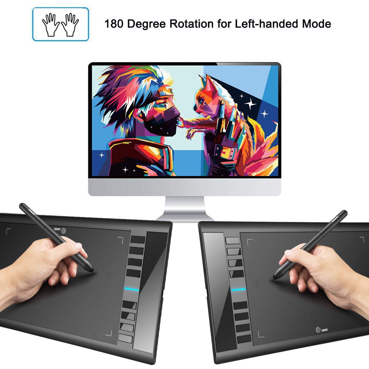 Drawing Tablet, UGEE M708 10 x 6 inch Large Drawing Tablet with 8 Hot Keys, Passive Stylus of 16384 Levels Pressure, Digital Graphics Art Tablet for PC Paint, Design, Art Creation Sketch