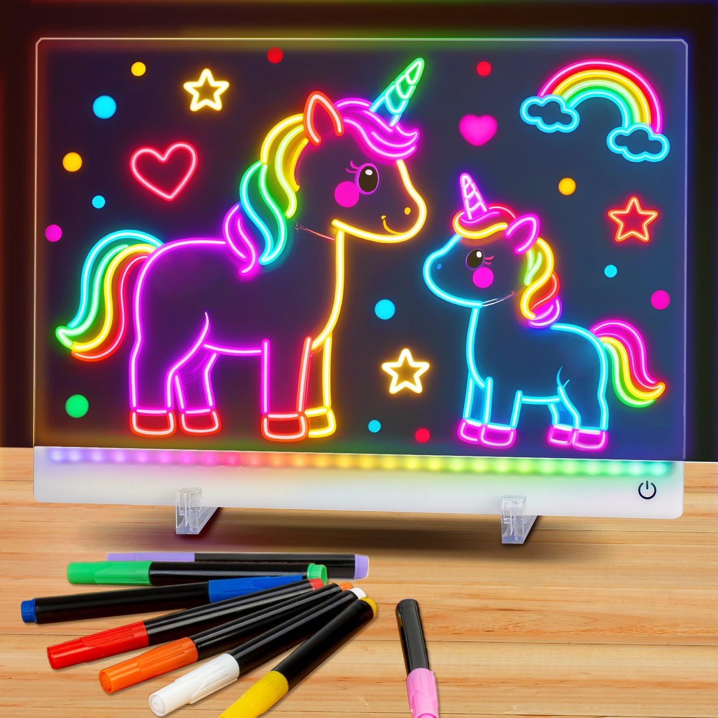 Rechargeable Led Drawing Board for Kids, 11.8*7.9" Dry Erase Board, 4 Modes &7 Colors Glow Doodle Note Board, Include Hanging Chain, 2 Stands, 8 Markers, Spray Bottle, Cleaning Cloth, Kid Girls Gifts