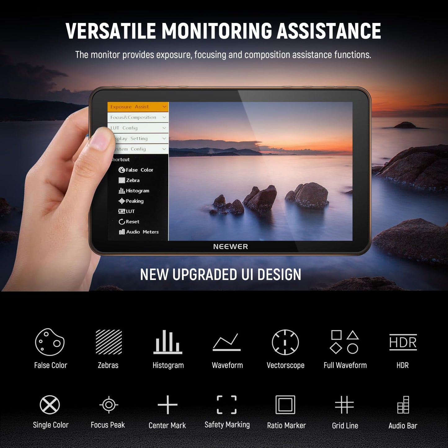 NEEWER F700 7" Camera Field Monitor, 2000nit HD 1920x1080 IPS Touch Screen with 3D LUT, 4K HDMI Loop in/Out with Peak Focus DSLR Video Assist HDR Waveform, Cold Shoe Mount, Battery Not Included