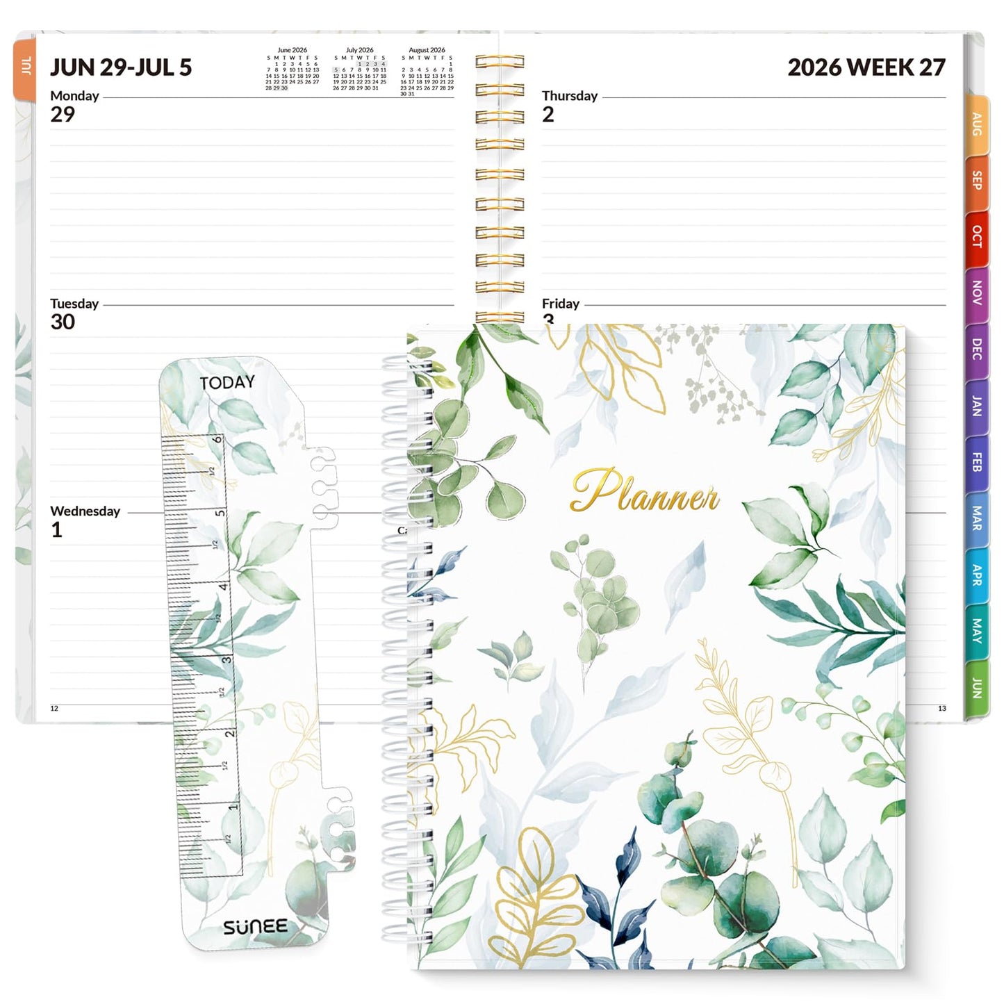 SUNEE Academic Planner 2026-2027 – Weekly & Monthly Planner, July 2026 to June 2027, 6.4"x8.3", Thick Paper, Tabs, Pockets, Bookmark, Spiral-Bound, Student Teacher Organizer, Greenery