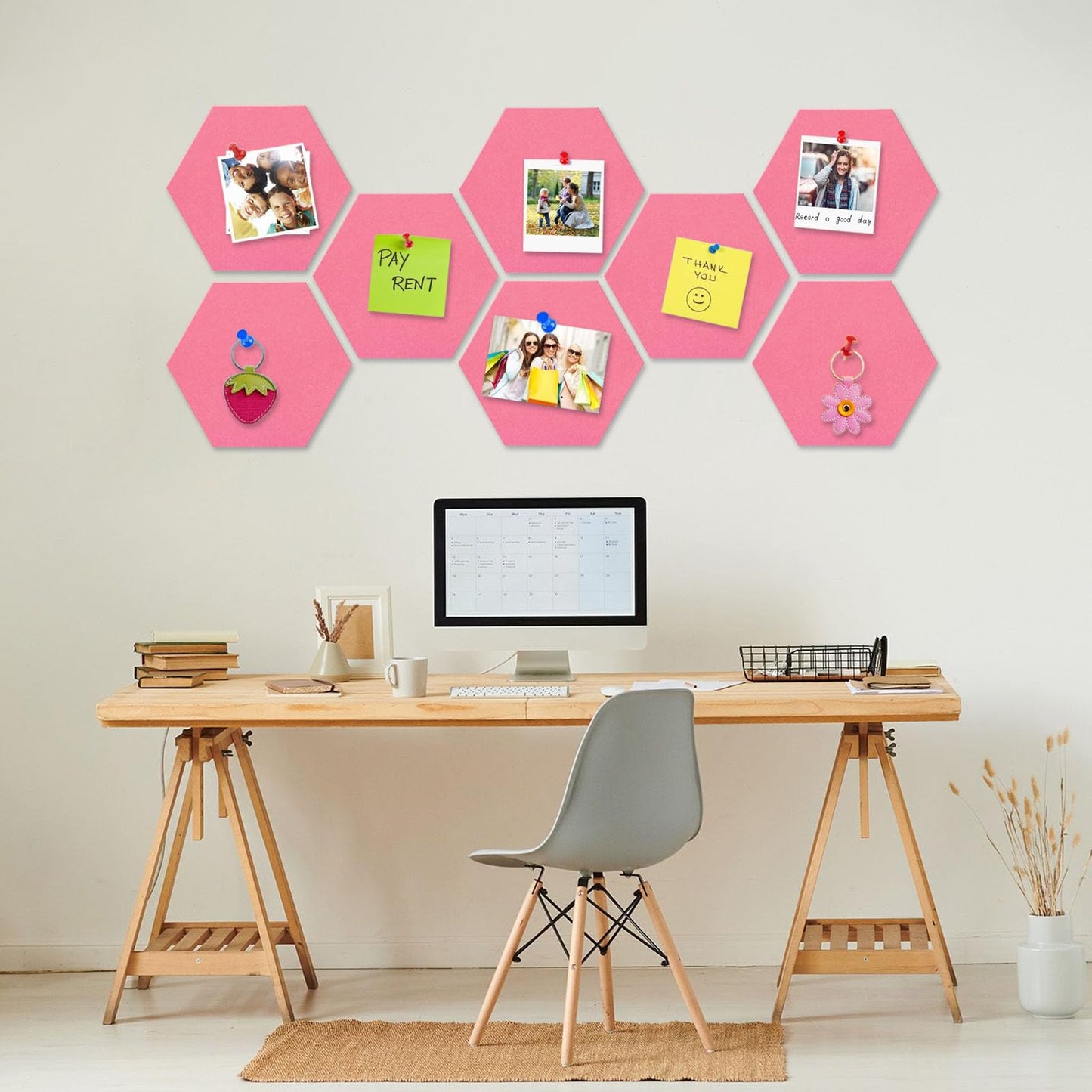 8 Packs Pink Hexagon Felt Pin Board, 12" Bulletin Board with 30 Push Pins, Felt Board for Home Kitchen Office Decor, Self-Adhesive Corkboard Tiles for Walls Classroom Message Photos Memos Display