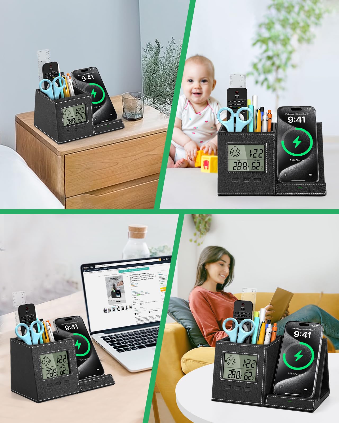 Investme Pen Holder with Wireless Charger, Built in Digital Indoor Thermometer and Humidity Monitor, Multi-Functional Desktop Organizer for Home, School, Office Supply, Midnight Black