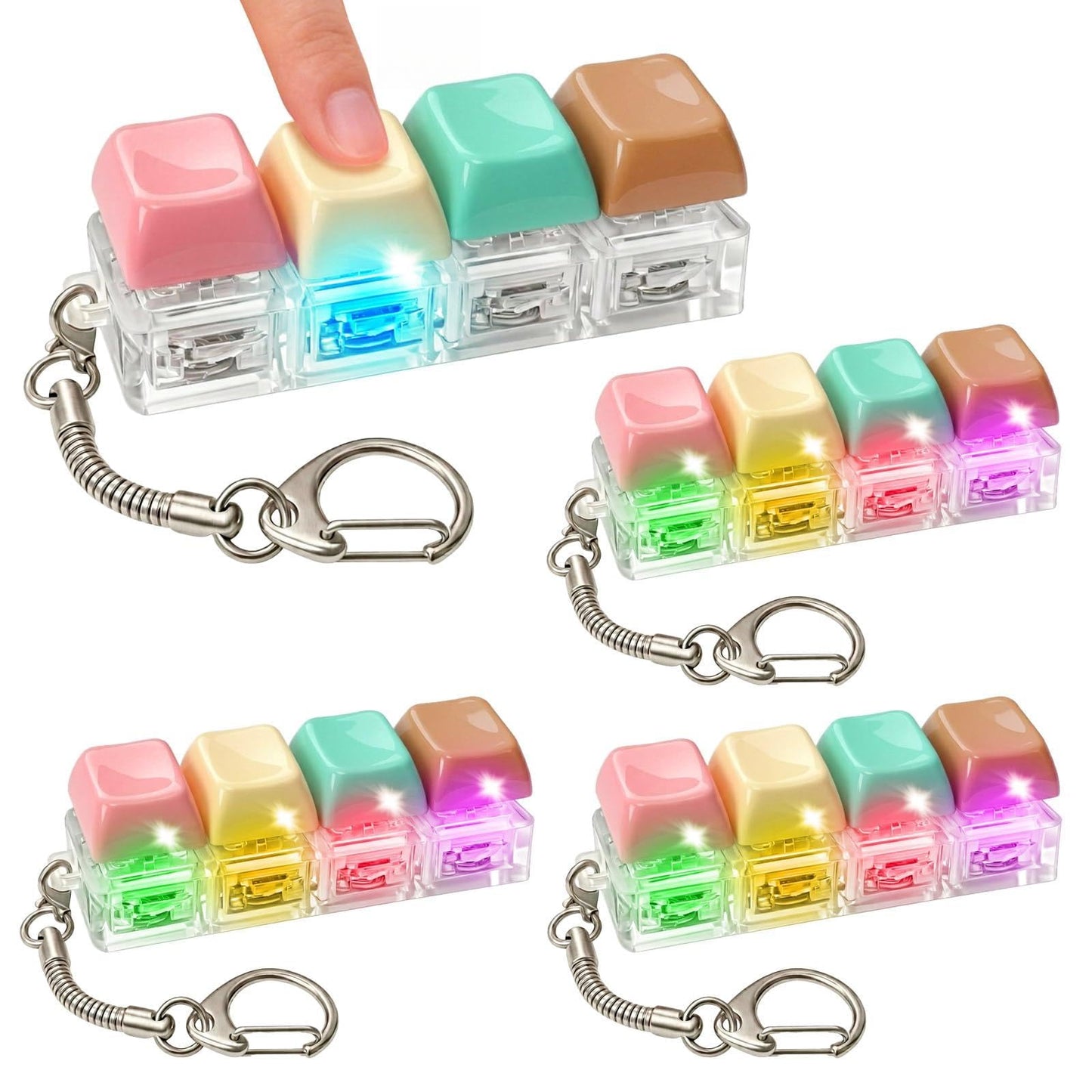 4PCS Light Up Keyboard Fidget Toy, 4-Key LED Keyboard Fidget Clicker Keychain with RGB Lights, Portable Mechanical-Style Sensory Desk Toy for Adults and Teens