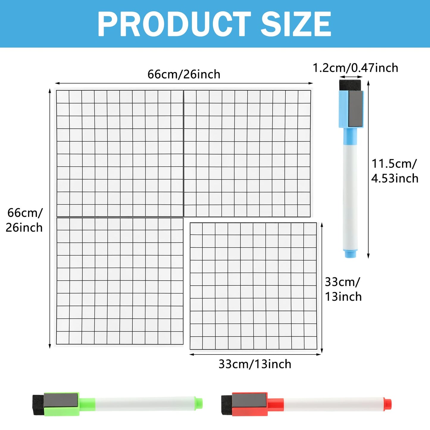 Magnetic Grid Whiteboard Set, 4-Pack 13" × 13" XY Coordinate Dry Erase Graph Board with 3 Magnetic Pens, Reusable Math Teaching Board for Classroom and Home Learning