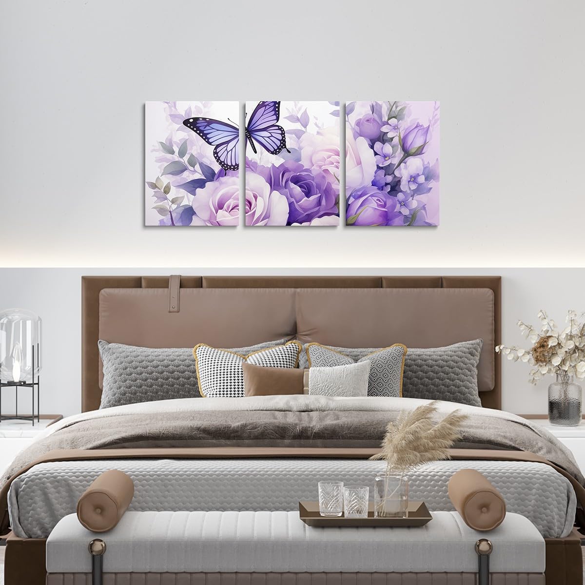 Feelyou Purple Rose 3 Piece Canvas Wall Art for Living Room Bedroom Butterfly Wall Art for Home Decor Floral Flower Office Wall Decor Romantic Theme Wall Painting