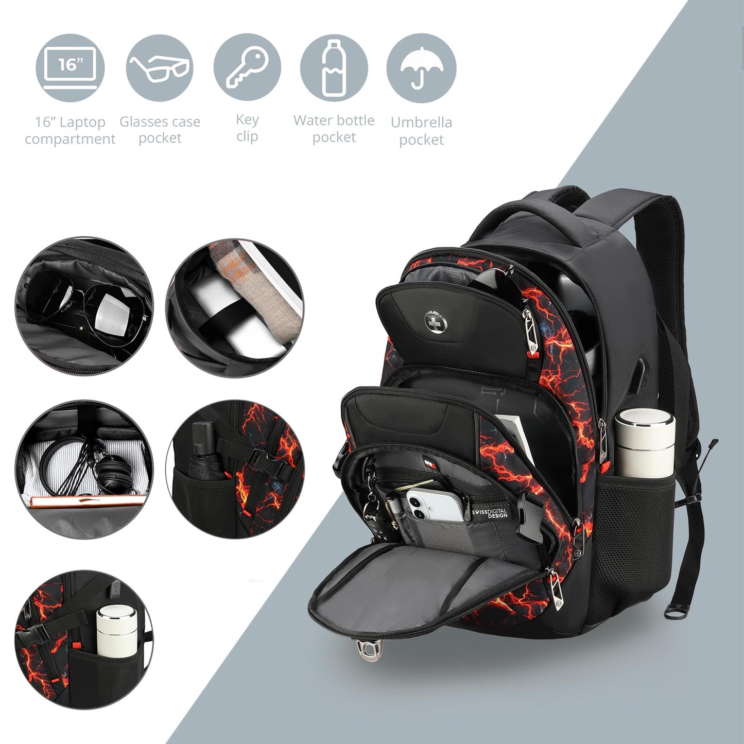 Swissdigital Laptop Backpack with USB Charging Port, Travel Backpack Fits 15.6 inches Computer, 31L Backpack for Men, Flame Red | SD803-97