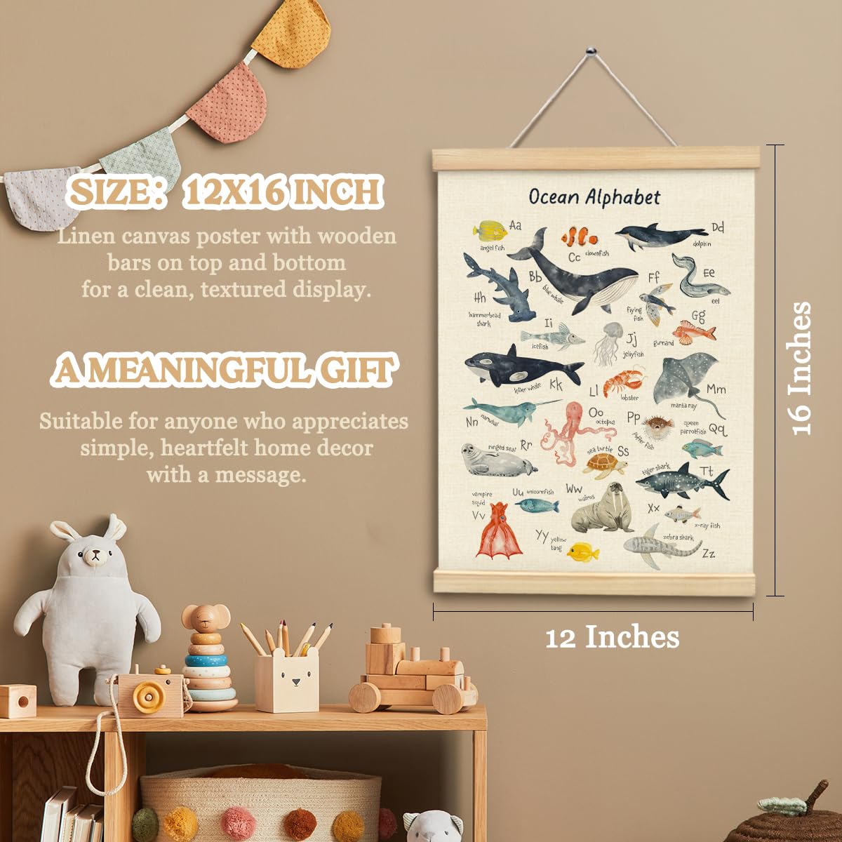 MOFUYU Ocean Nursery Decor,Ocean Alphabet Poster for Classroom Wall,ABC Posters Hanger Frame for Kidsroom,Nursery,Classroom,Kindergarten 12x16 Inch