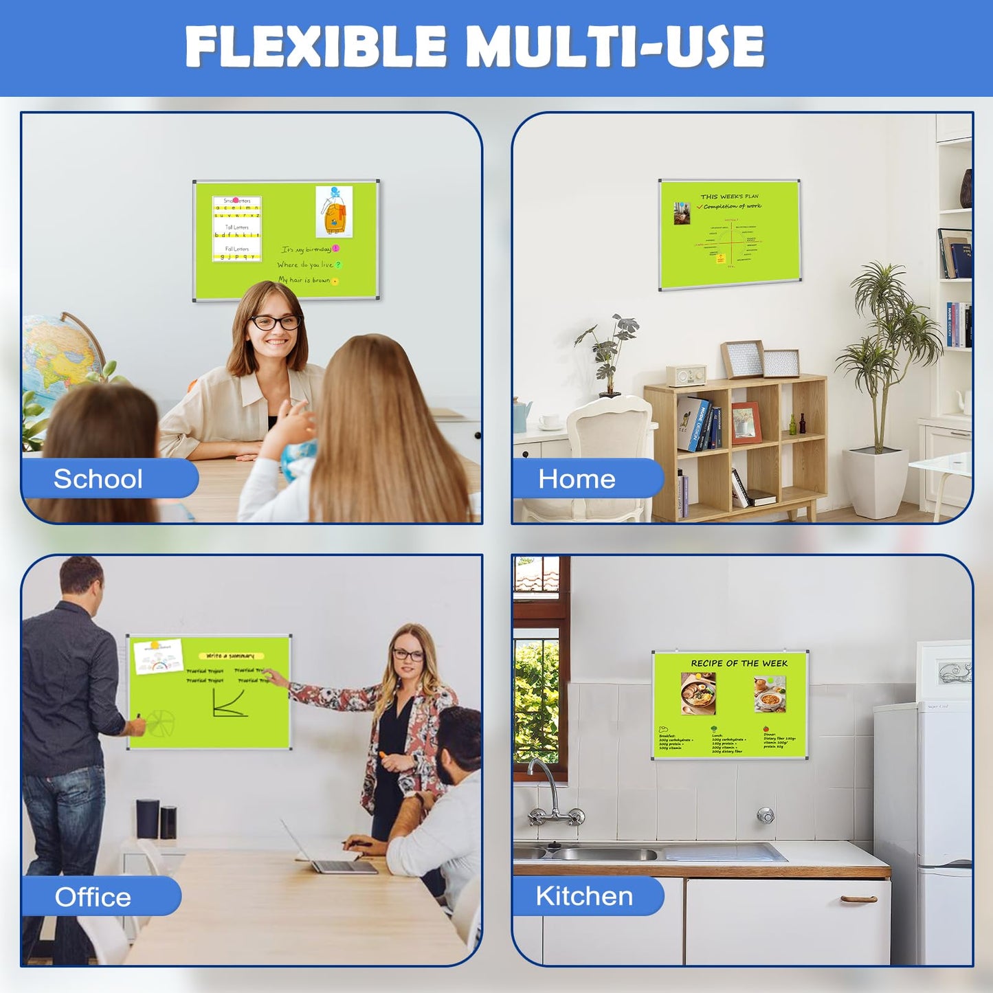 WALGLASS Magnetic Whiteboard 24"x18" Dry Erase White Board for Walls with Pen Tray, Aluminium Frame and Dry-Wipe Writing Surface for Drawing, Home, and Office (Green)