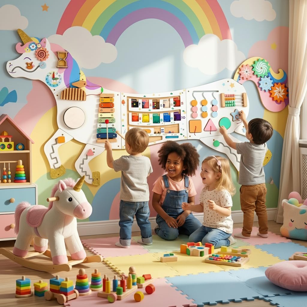5FT Large Unicorn Activity Wall Busy Board Panels Wooden Learning Activity Center Montessori Sensory Wall Panel for Kids Interactive Educational Toy for Playroom Daycare Nursery Classroom Decor Gift