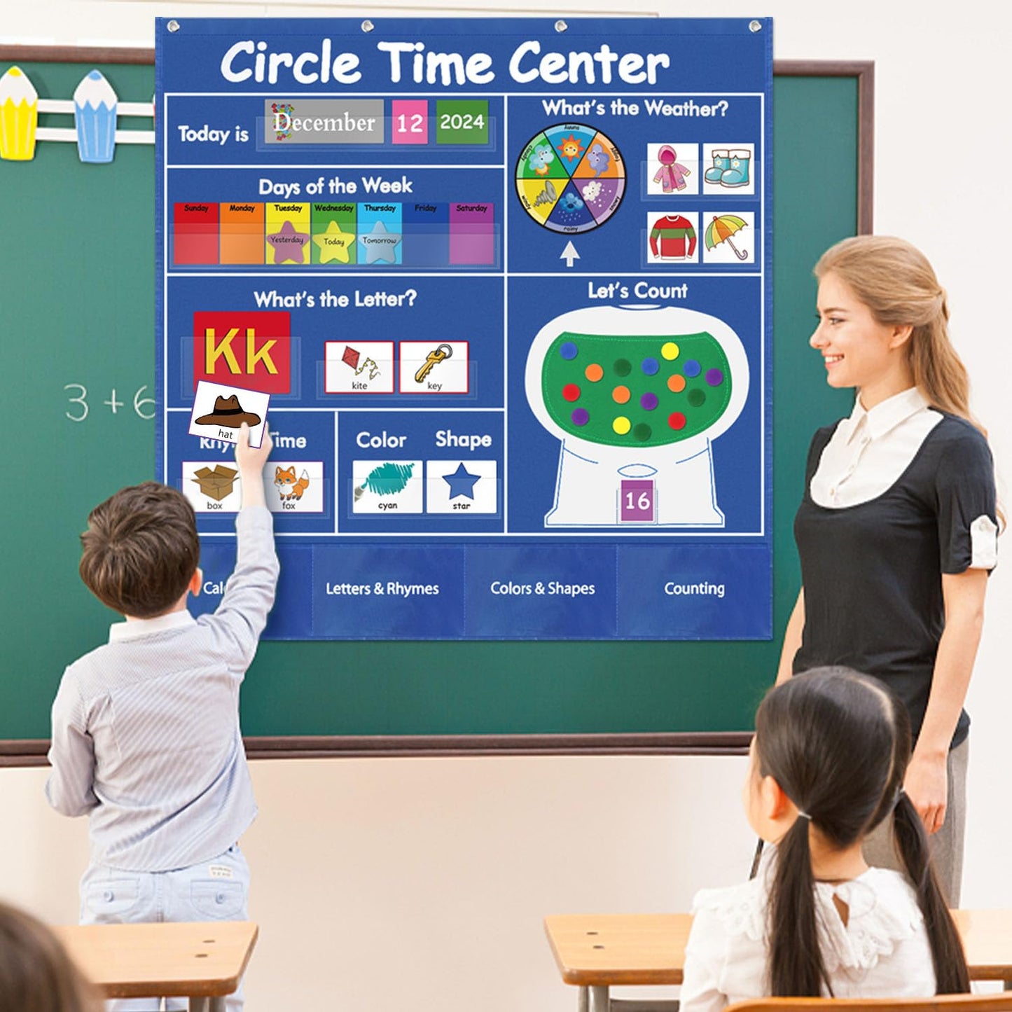 Boczif Circle Time Learning Center Pocket Chart for Classroom, Educational Teaching Materials Learning Calendar Weather Number Counting Letter Color Shape Wording Rhyme Pictures (Blue)