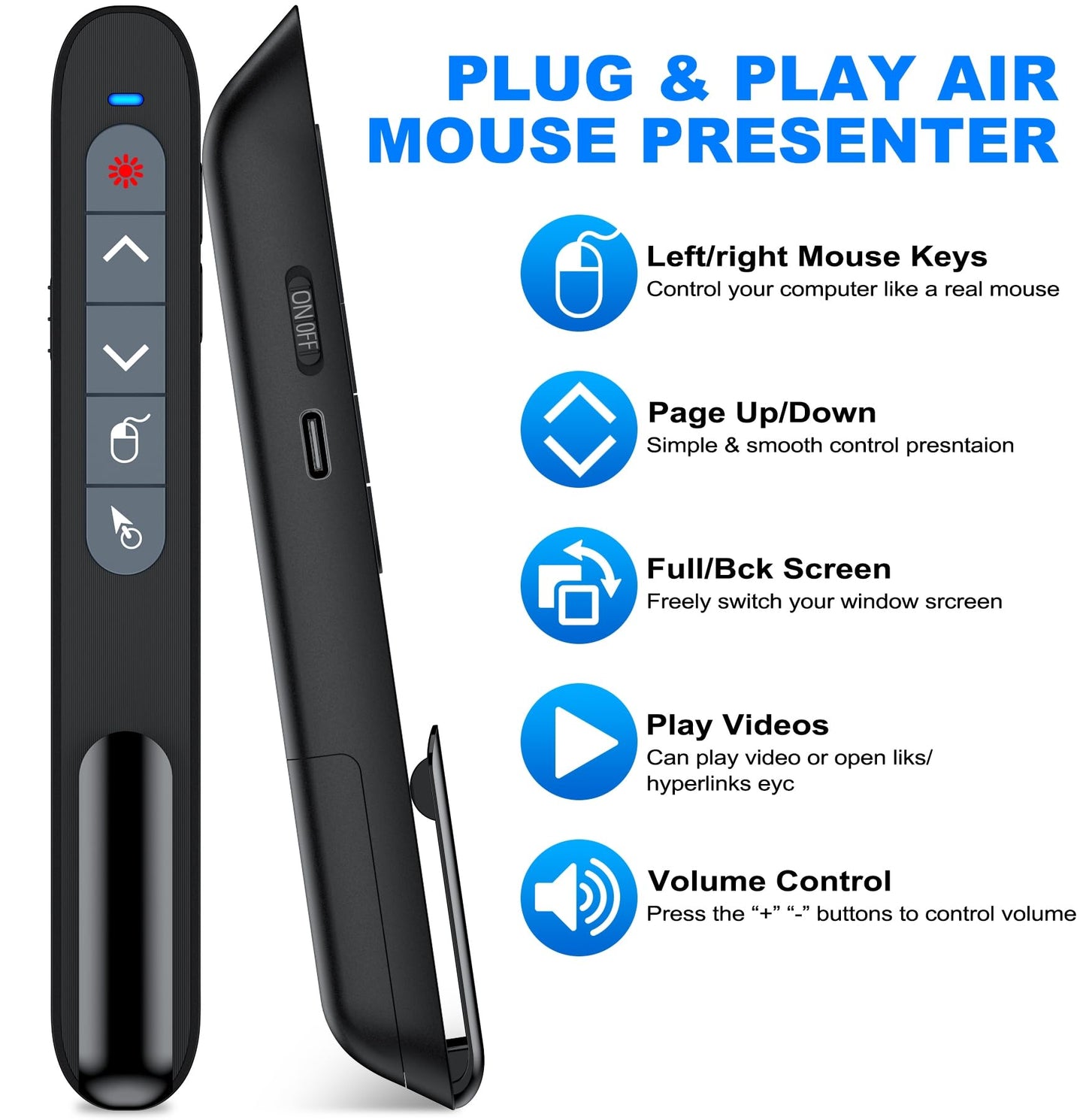 2 in 1 USB Type C Wireless Presenter Remote with Air Mouse, Rechargeable Presentation Clicker PPT Pointer RF 2.4GZ PowerPoint Clicker Slide Advancer for Computer Mac