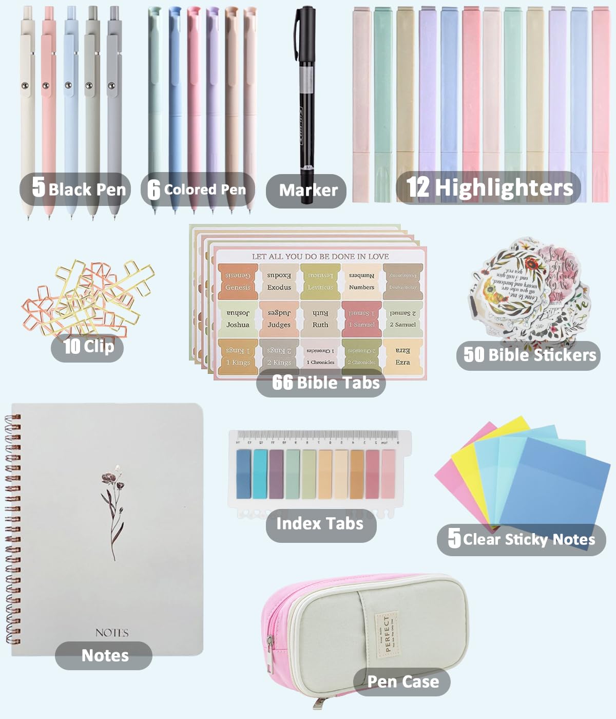 Bible Study Supplies Journaling Kit With Tabs, Highlighter, Notebook and Pen Case - Annotation Kit, Study Group Essentials Accessories Set for Women, Students, Beginner Christian Gifts