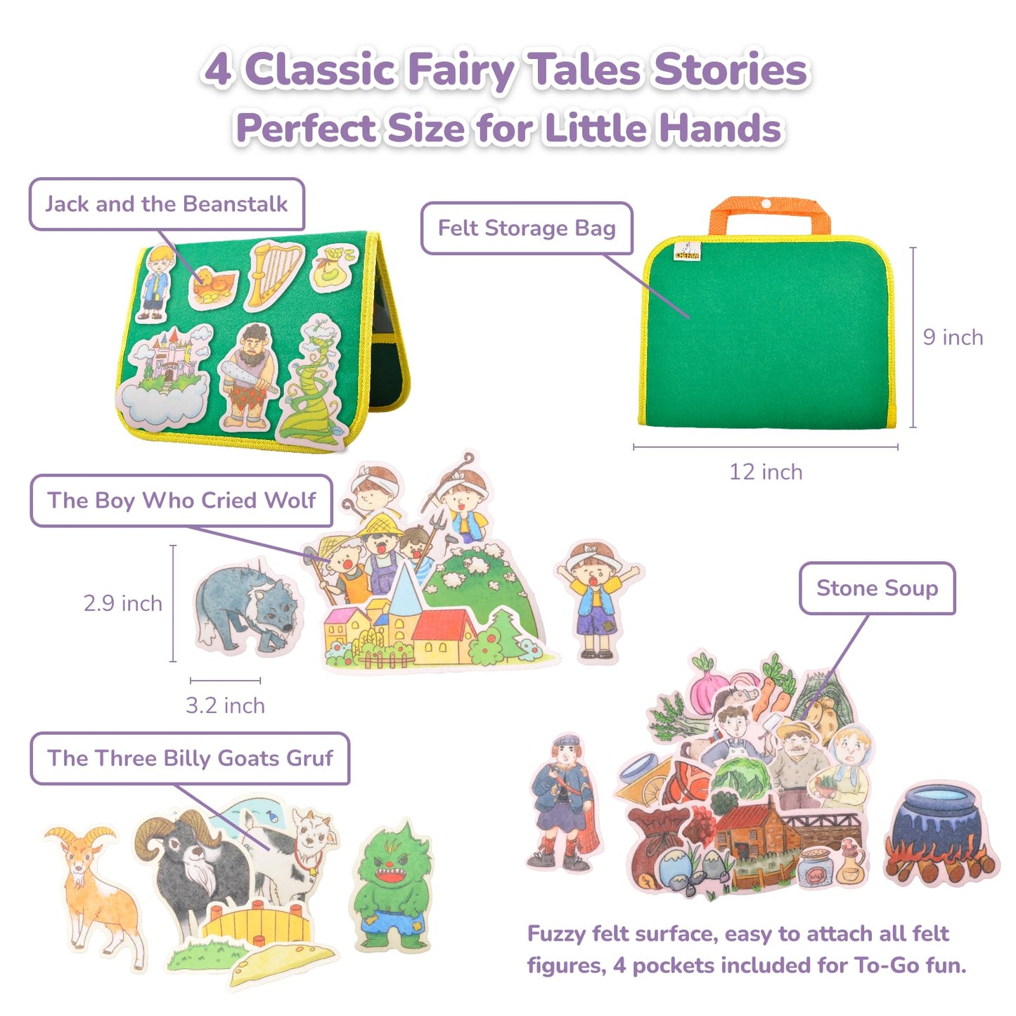 CHEFAN Felt/Flannel Board Story Set of 4, PRECUT Felt Pieces for Preschool Toddlers, Stone Soup, The Three Billy Goats Gruff, Jack and Beanstalk, The Boy Who Cried Wolf