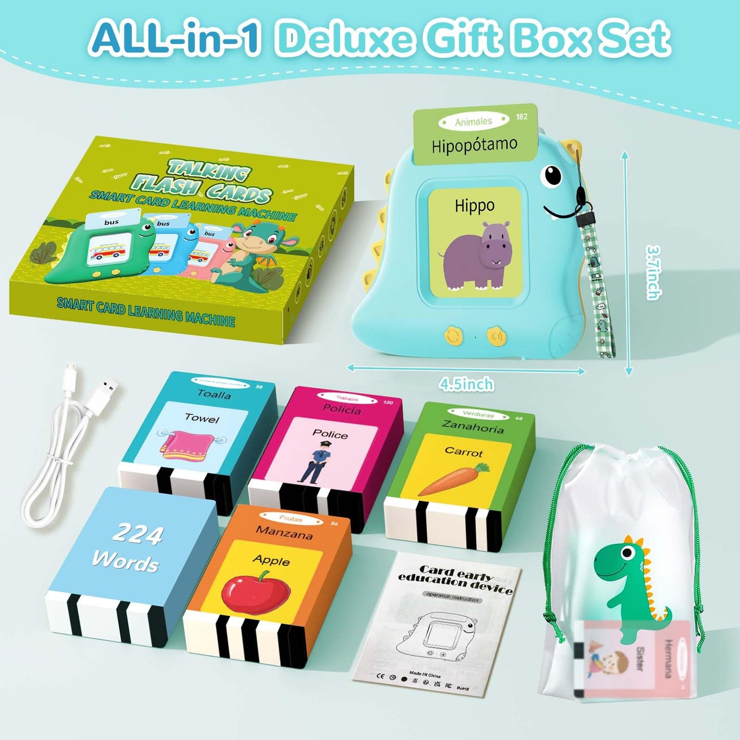 Alotwan Bilingual Talking Flash Cards Spanish/English, Learning Sensory Toys for Autistic Children, 224 Sight Words Español Speech Therapy Kids Toys Beginner, Birthday Gift for Little Boys and Girls