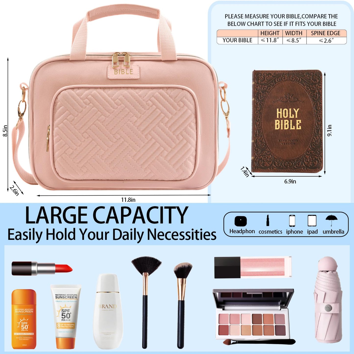 Bible Cover for Women Bible Case, Large Bible Bag, Bible Study Supplies Bible Journaling Kit Book Carrying Case with Bible Highlighters Tabs, Valentines Day Christian Gifts for Women (Pink)