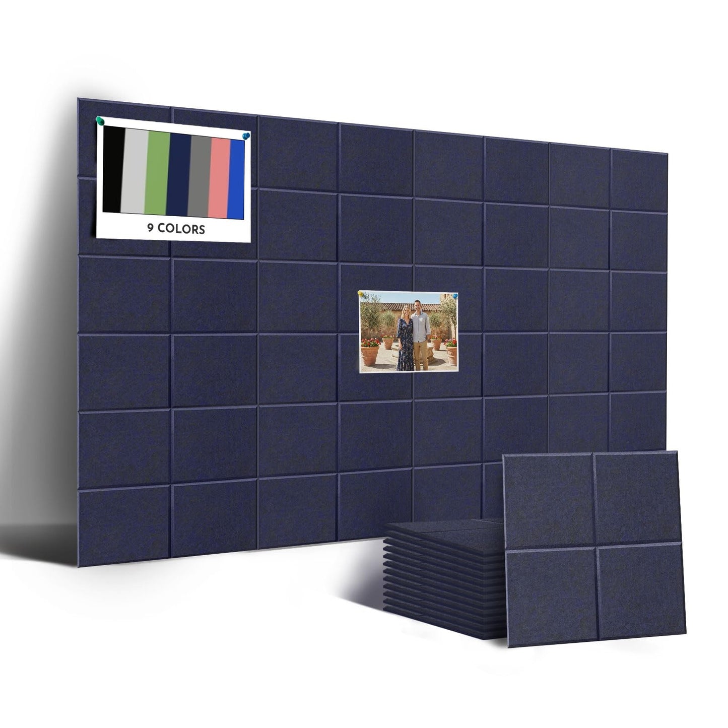 MISSDAY Blue Acoustic Wall Panel Felt Bulletin Board 48" x 36" Cork Board for Wall, 12-Pack Boards with 72 Removable Adhesive Tabs, 50 Pins, Pin Board for Home Office Classroom Soundproof Wall Tile