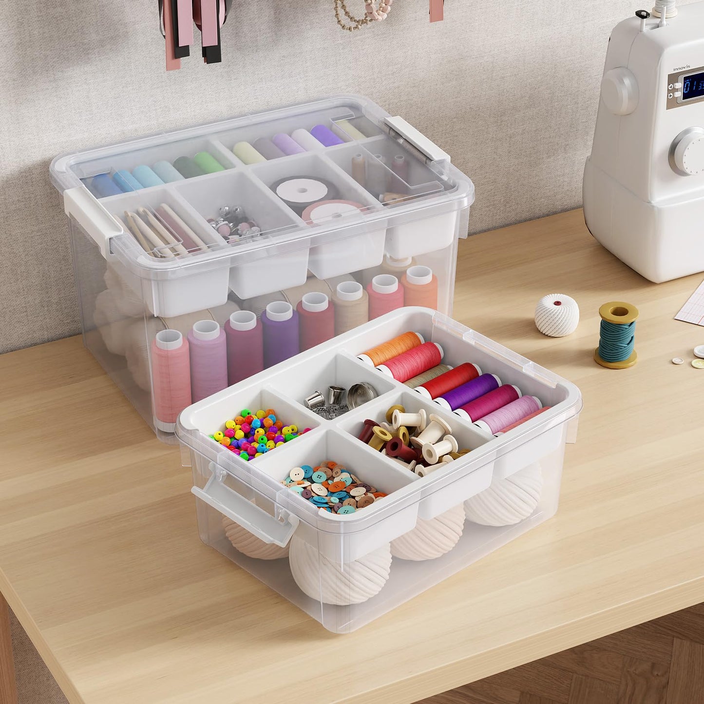 HOMETUK 20Qt Stackable Storage Bin with Lid & Tray, Clear Plastic Latching Box Organizer with Divider Portable 5Gal Container for Arts & Crafts, Home and Car Trunk Organization, 1Pack