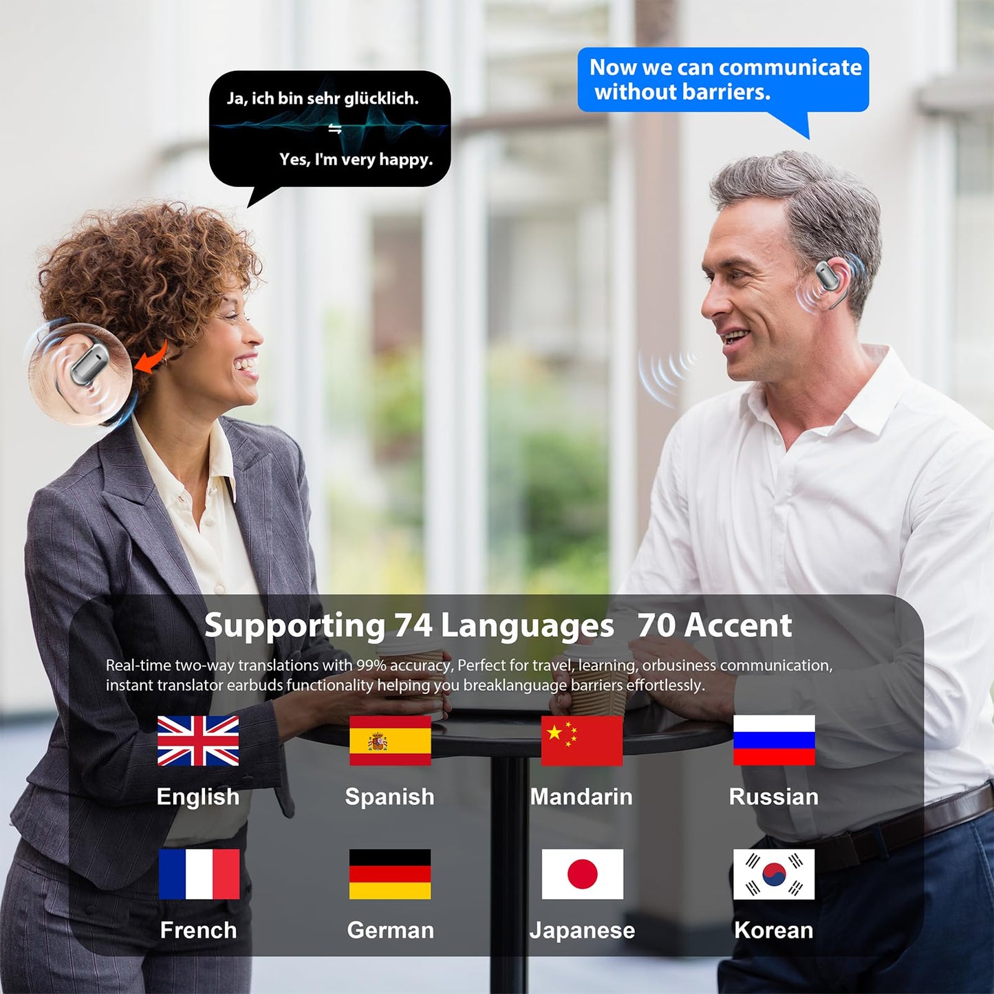 AI Language Translator Earbuds Translation Headphones Real Time 144 Languages Translating Earphones with 8 Accent Offline,Compatible with iOS & Android for Travel/Business/Learning