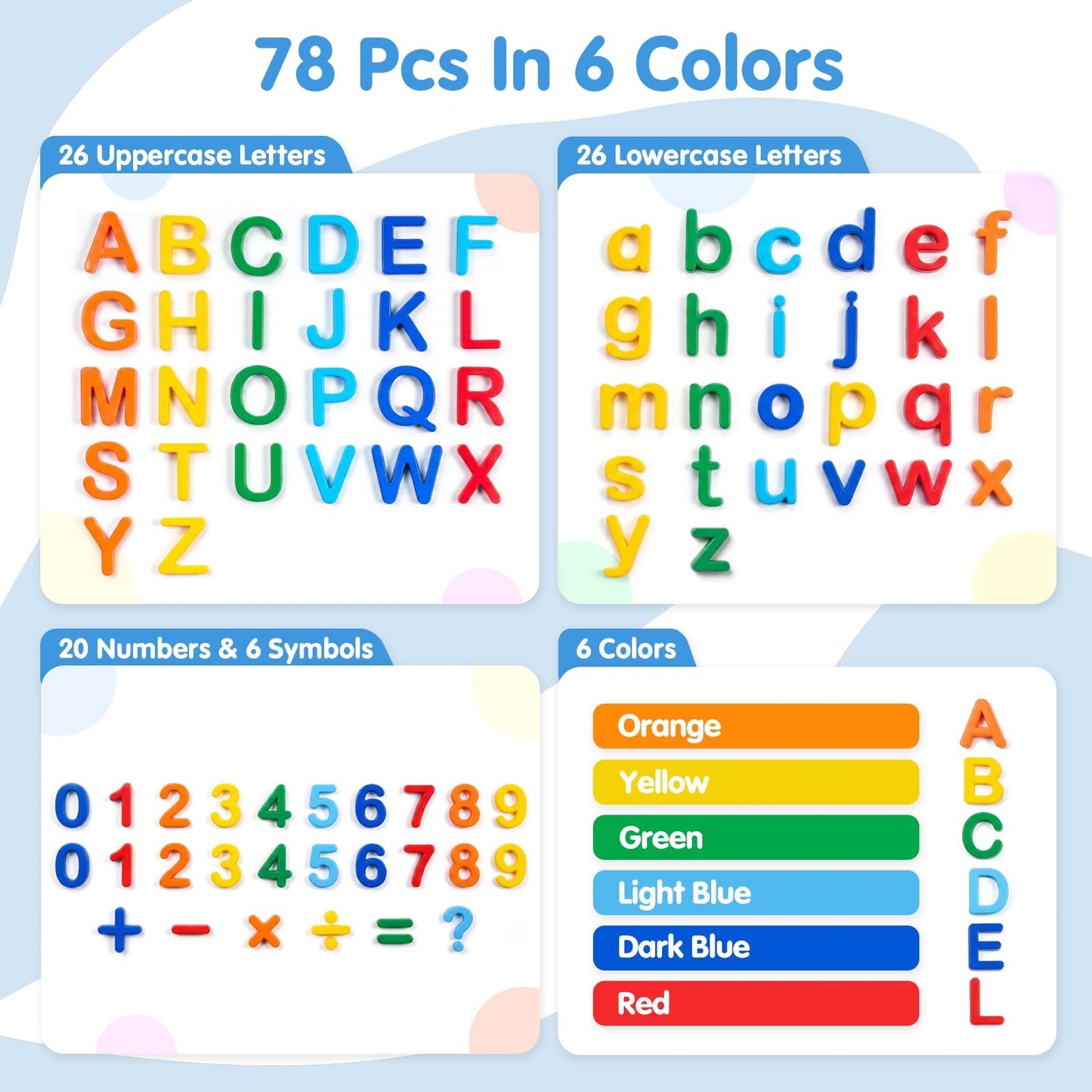 Odoorgames 78 Pcs Plastic Magnetic Letters & Numbers – Upgraded Magnets & 6 Colors - ABC Alphabet Magnets for Toddlers, Fridge & Whiteboard Learning Set
