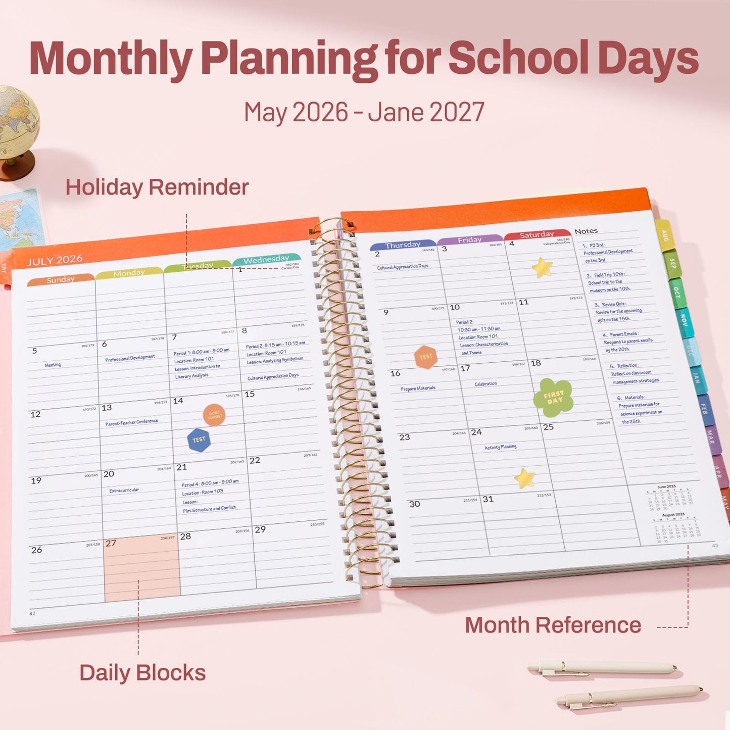 SUNEE Deluxe Teacher Planner 2026-2027, Lesson Planner Book with 7 Periods Jul 2026 - Jun 2027, 8.5" x 11" Daily Weekly and Monthly Organizers with Colorful Tabs, Planning Stickers,120gms Paper, Pink