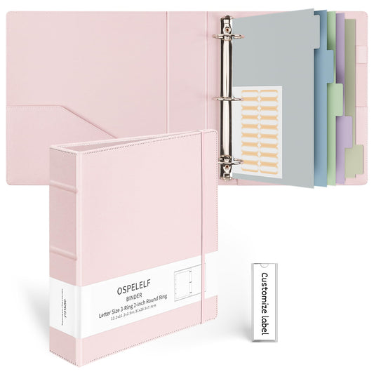 Ospelelf Vintage Hardcover 3 Ring 2 inch Leather Binder, Professional Binders Organizer Suitable for Letter Size Documents, Binder Dividers with Tabs, Rose Pink