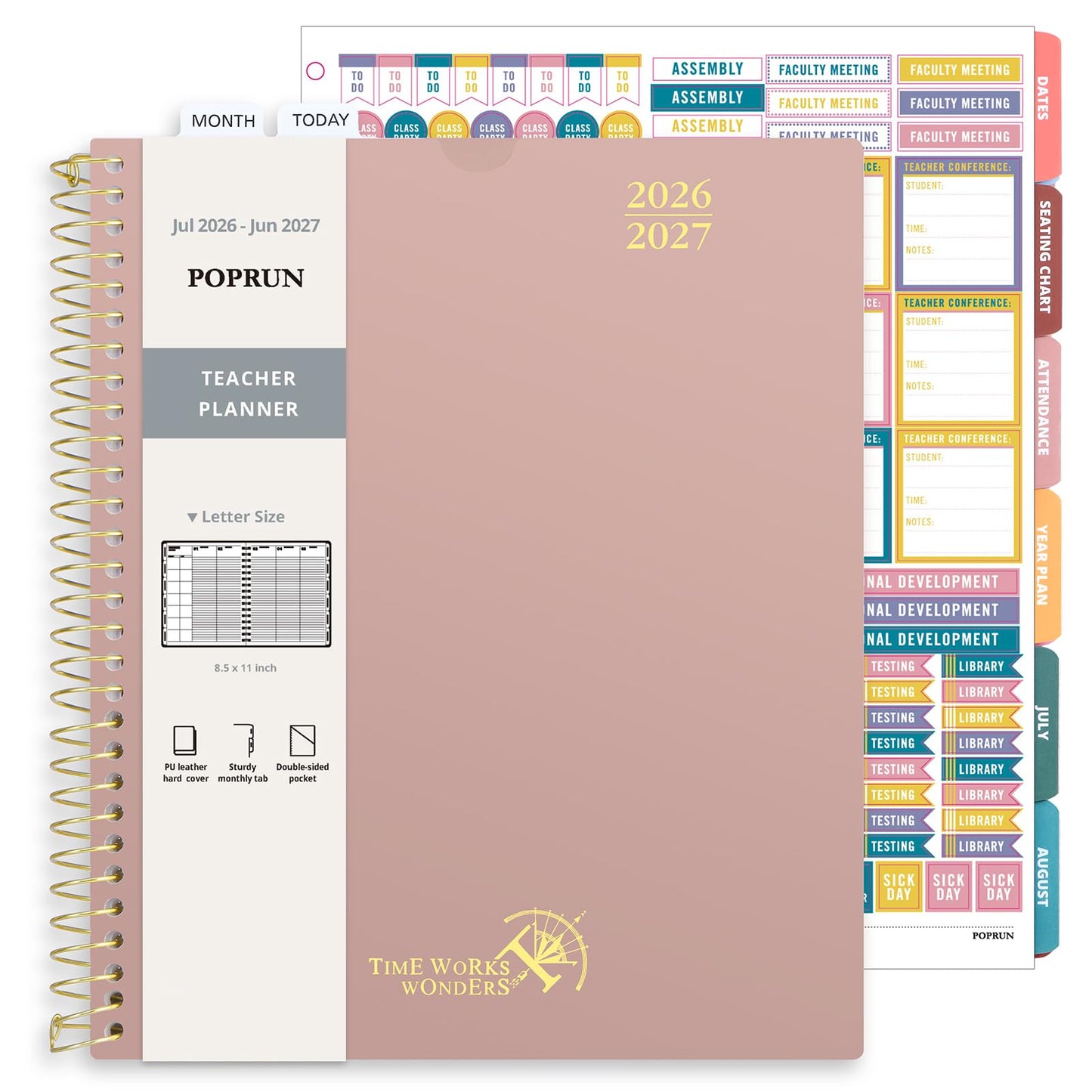 POPRUN Teacher Planner 2026-2027, 8.5" x 11", Academic Lesson Plan Book for Teachers (July 26-June 27) Weekly and Monthly with Gradebook, 2-Sided Pocket, Flexible PP Cover for Classroom, Mocha Mousse