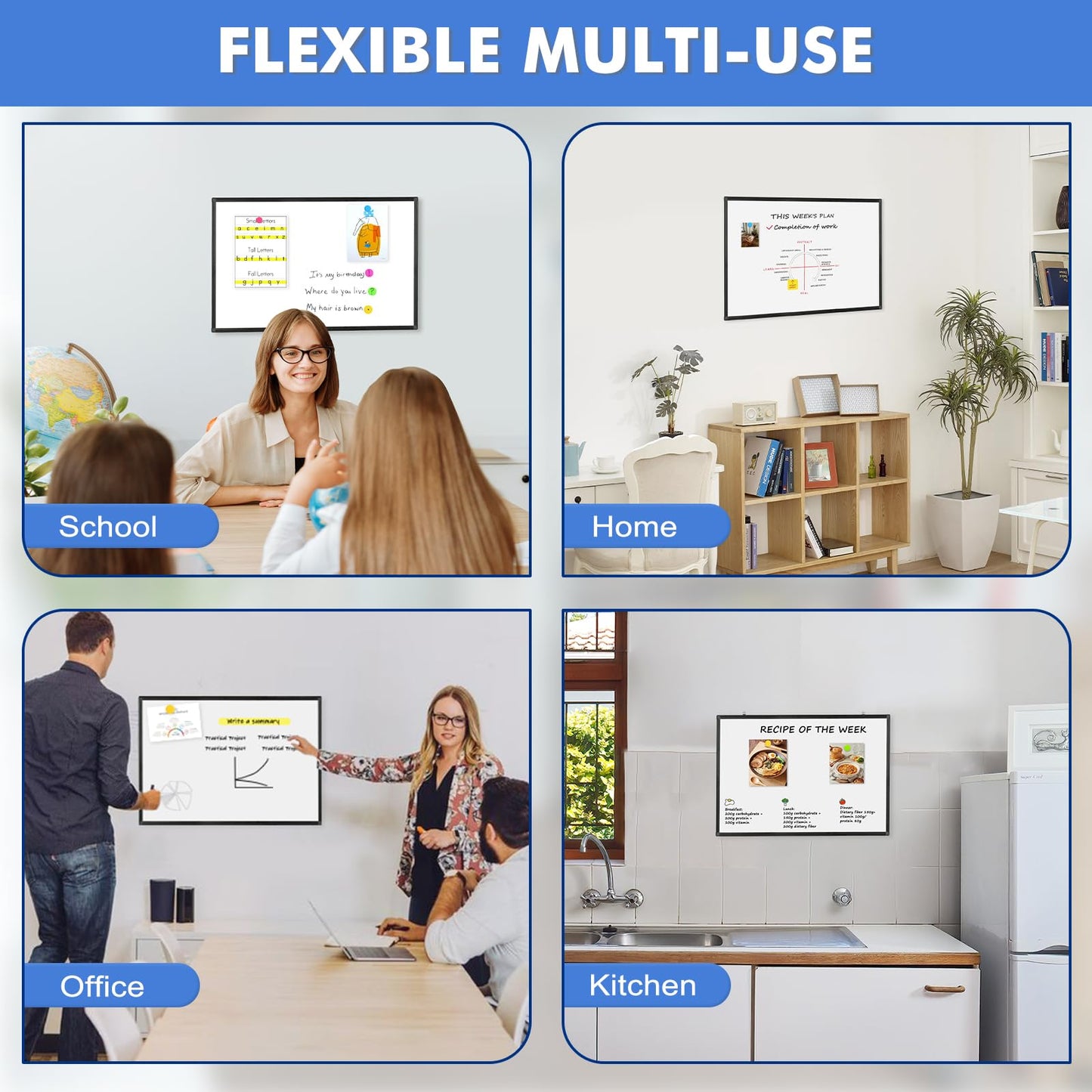 Double-Sided White Board Black Aluminium Frame, 24" x 18" Dry Erase Board Magnetic Whiteboard for Wall, Hanging Mounted Whiteboard Home, School, Office, Kitchen