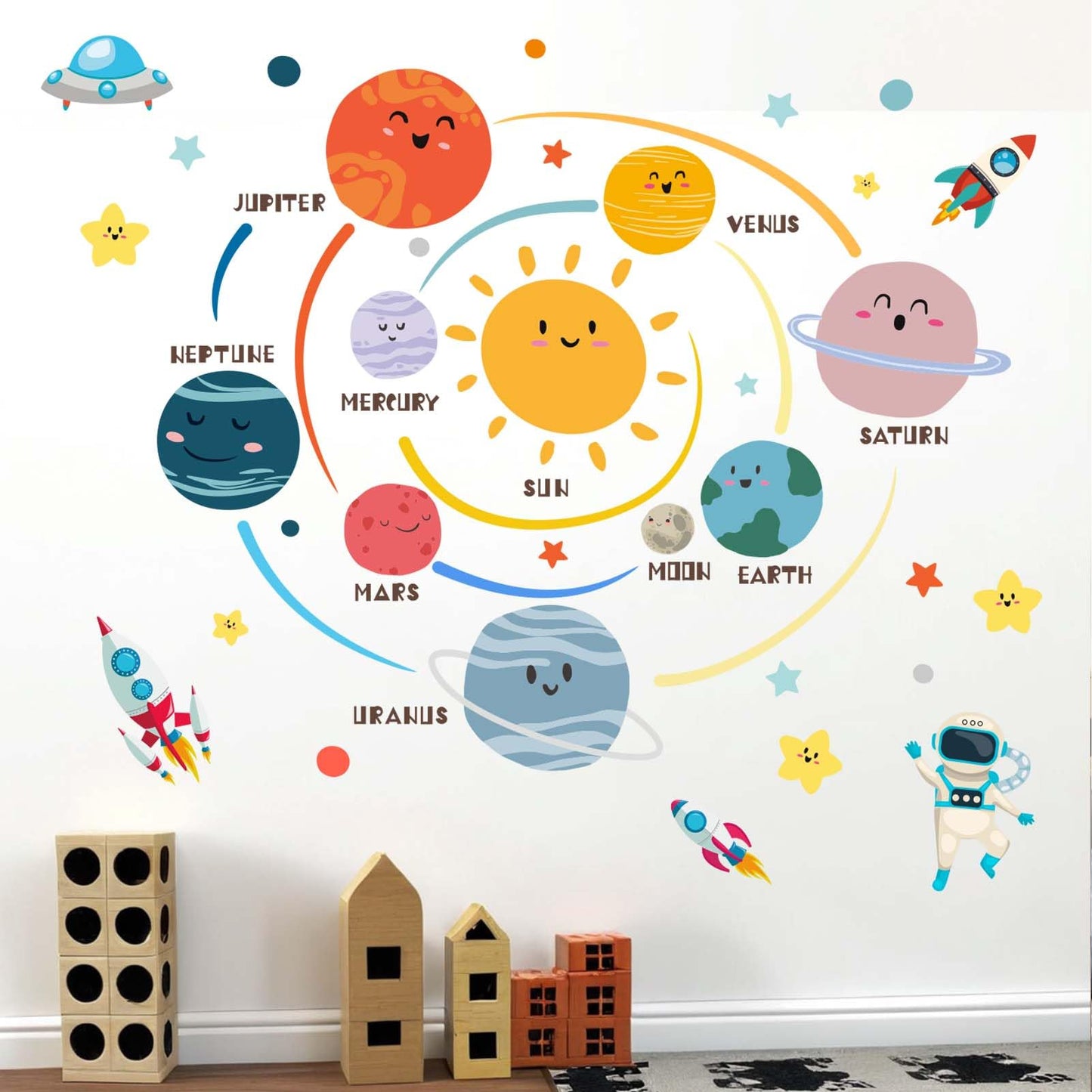 Amimagen Outer Space Planets Wall Decals - Astronaut Rocket Boys Wall Stickers - Baby Nursery Kids Room Daycare Playroom Wall Decor