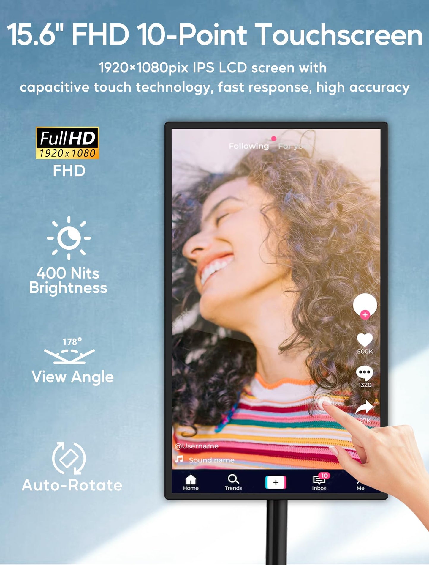 15.6" Digital Signage with 10000mAh Battery, Capacitive Touchscreen Advertising Display, Adjustable Stand, Android 11 Commercial LCD Monitor with Auto Play, Wireless Screen Mirroring, 8+128GB, Black