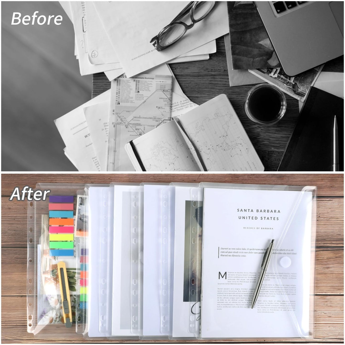 EOOUT 30Pcs Binder Folders, Binder Pockets, 11 Holes Clear Binder Organizer Poly Envelope with Hook and Loop Closure, Plastic Binder Folders for School and Office Supplies, Letter Size