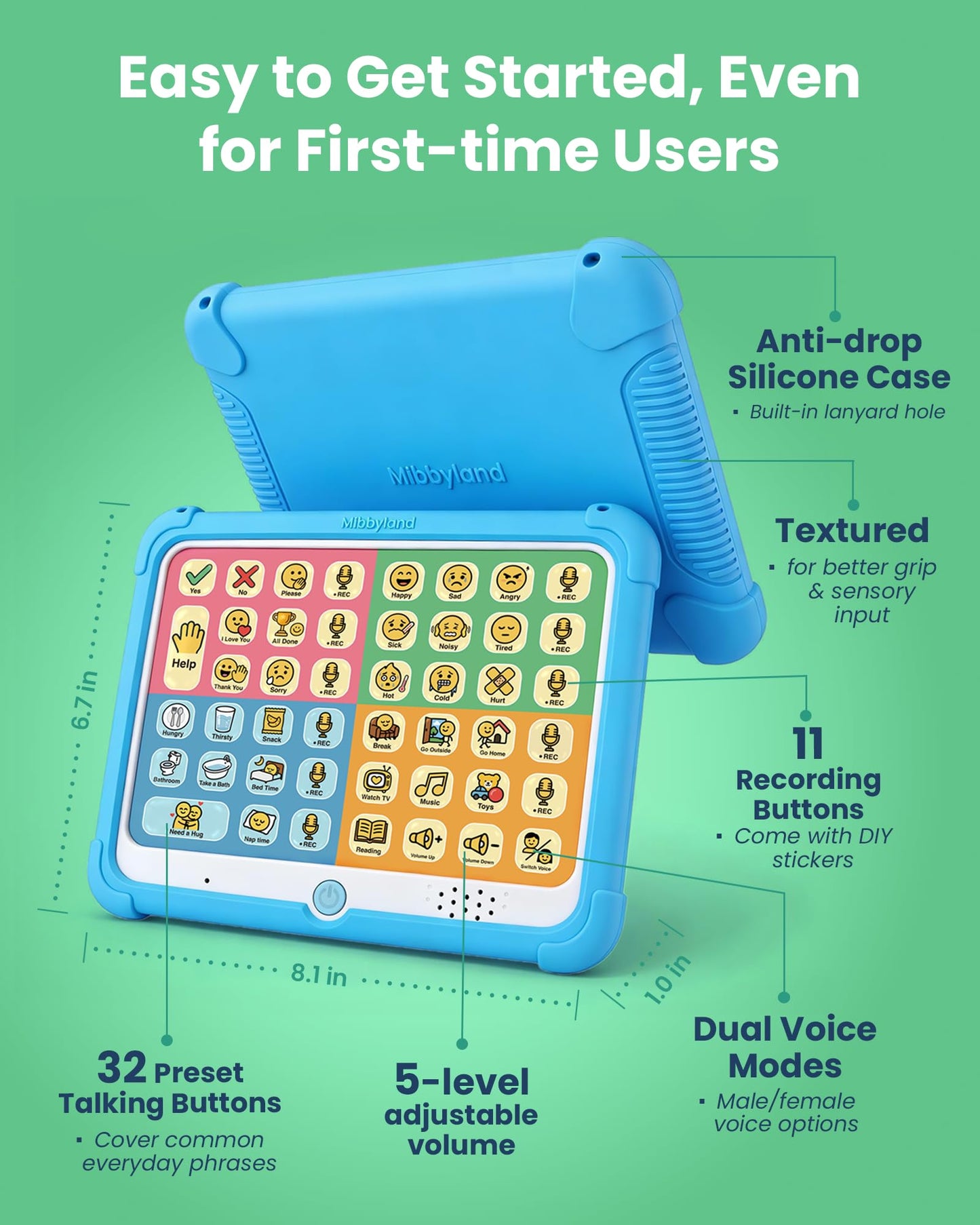 MibbyTalk AAC Device for Autism & Nonverbal Kids and Adults, Communication Tool for Home & School Use and Speech Therapy – 32 Preset Buttons, 11 Recording Buttons with Stickers, Silicone Case, Blue
