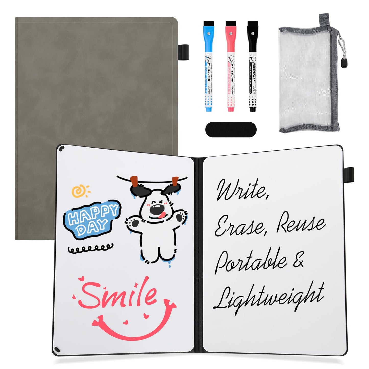 AGM Portable White Board Dry Erase Notebook, 12" x 9" Double Sided Folding Whiteboards with 3 Pens, Small Travel Dry Erase Board Skin-Friendly Material for Study, Meeting, Planning, Grey